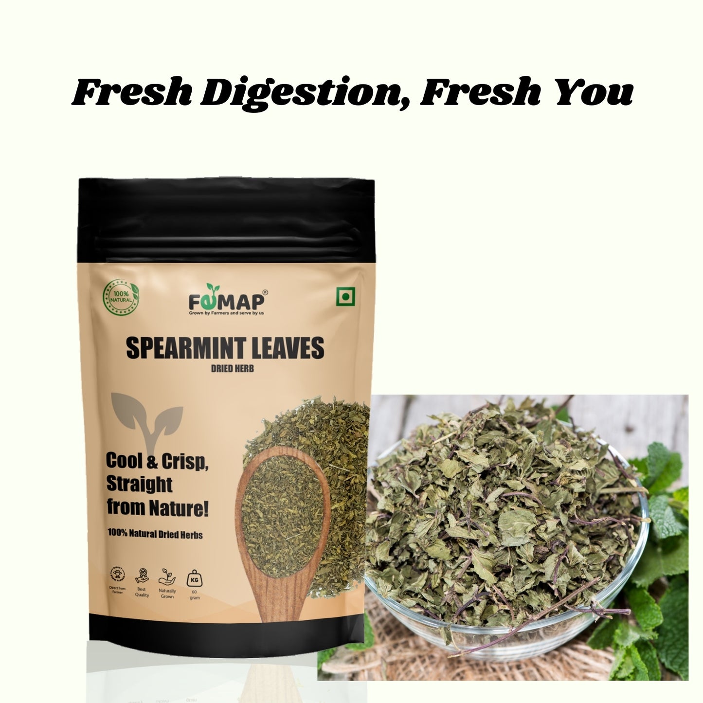 FEMAP spearmint leaves packaging with dried spearmint leaves in a bowl on a white background