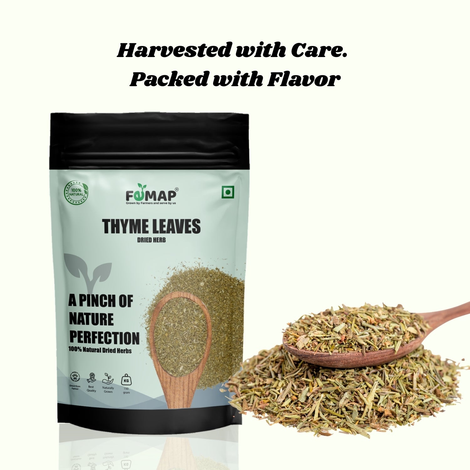 FEMAP Thyme Leaves packaging with dried thyme on a spoon and text 'Harvested with Care. Packed with Flavor'.
