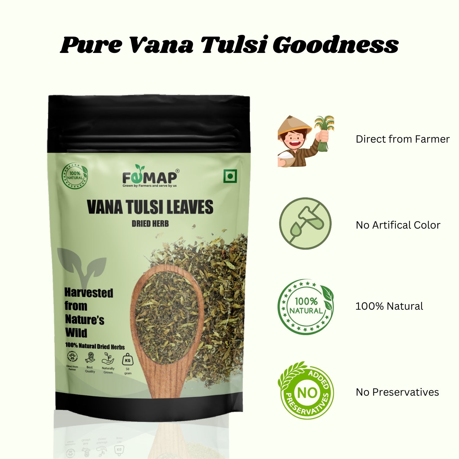 Package of Vana Tulsi leaves with FEMAP branding and health benefits on a white background