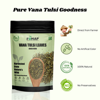 Package of Vana Tulsi leaves with FEMAP branding and health benefits on a white background