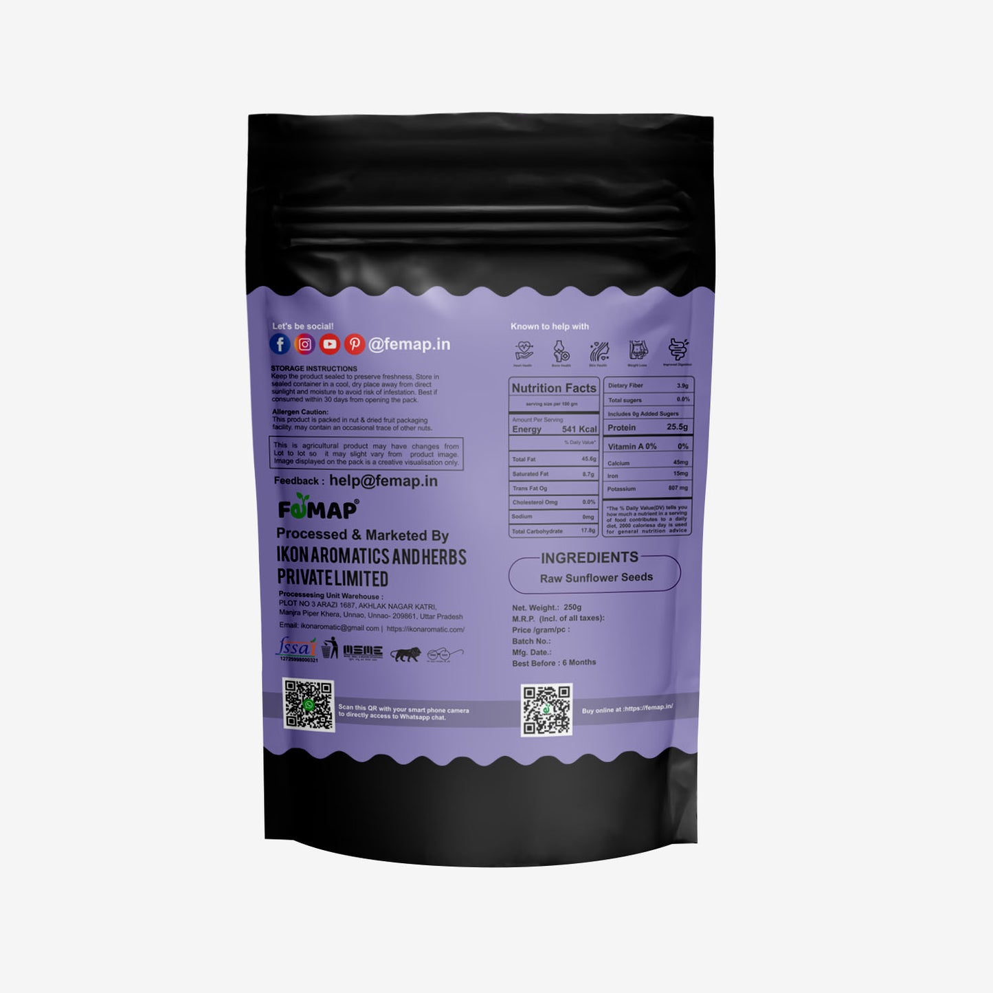 Back view of Femap Sunflower Seeds with nutrition facts, ingredients, and usage instructions.