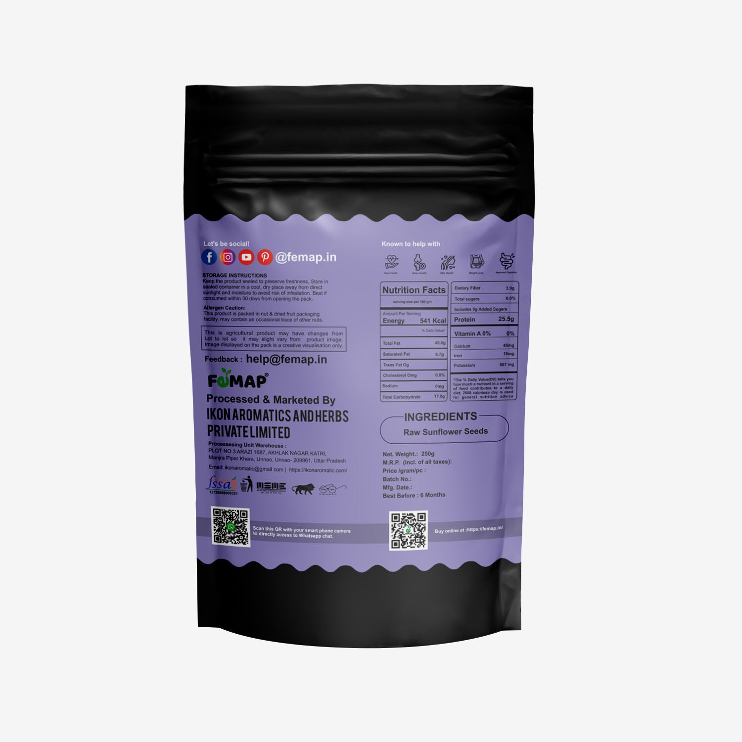 Back view of Femap Sunflower Seeds with nutrition facts, ingredients, and usage instructions.