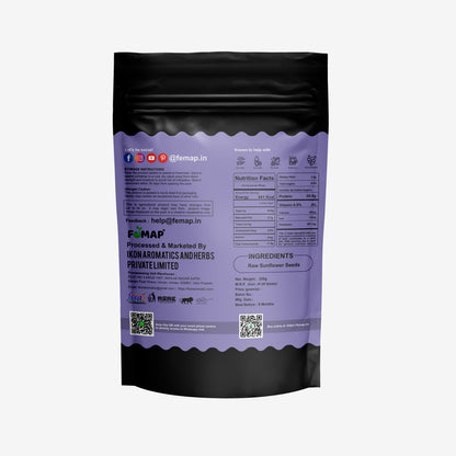 Back view of Femap Sunflower Seeds with nutrition facts, ingredients, and usage instructions.