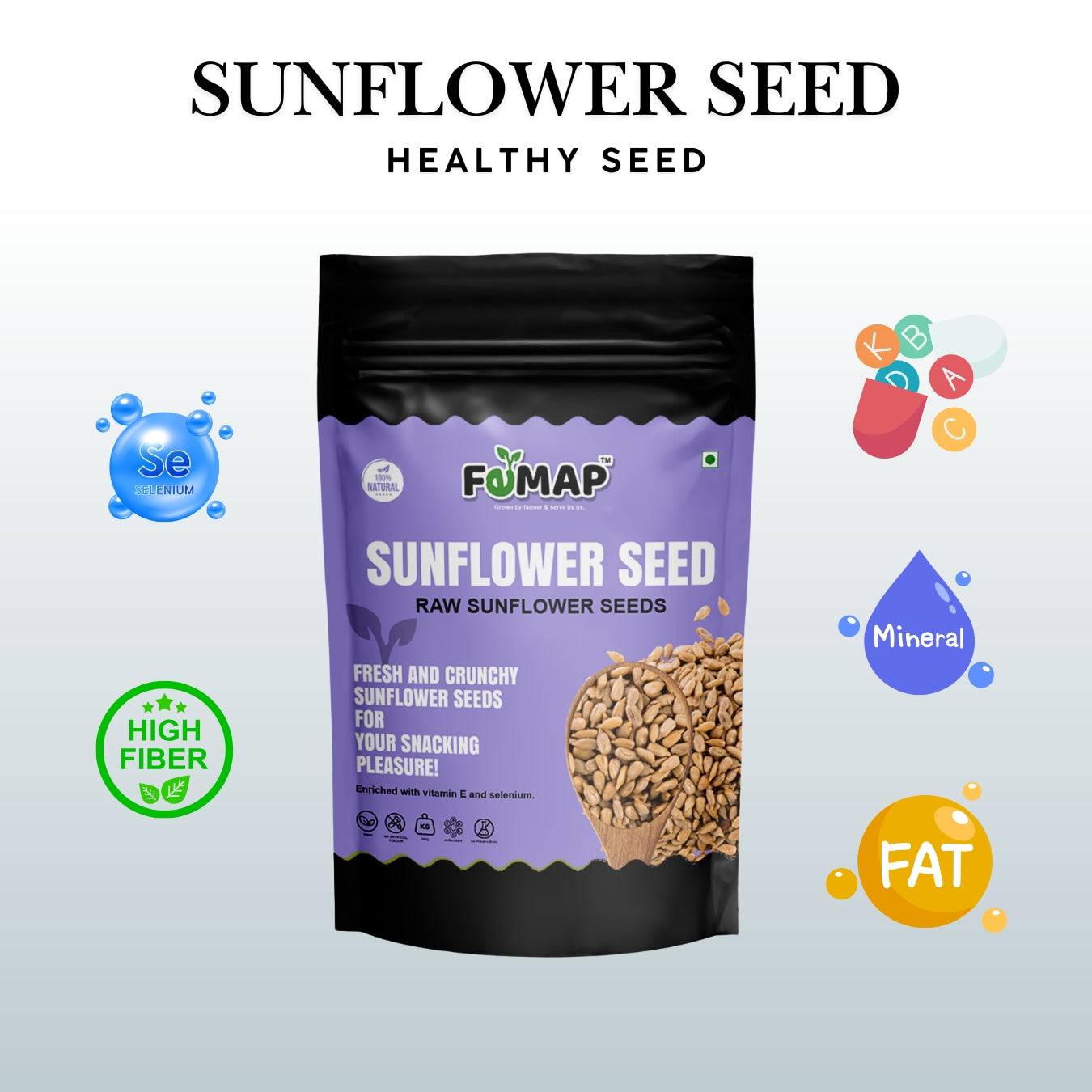 Femap Raw Sunflower Seeds – high fiber, rich in selenium, healthy fats, vitamins, and minerals.