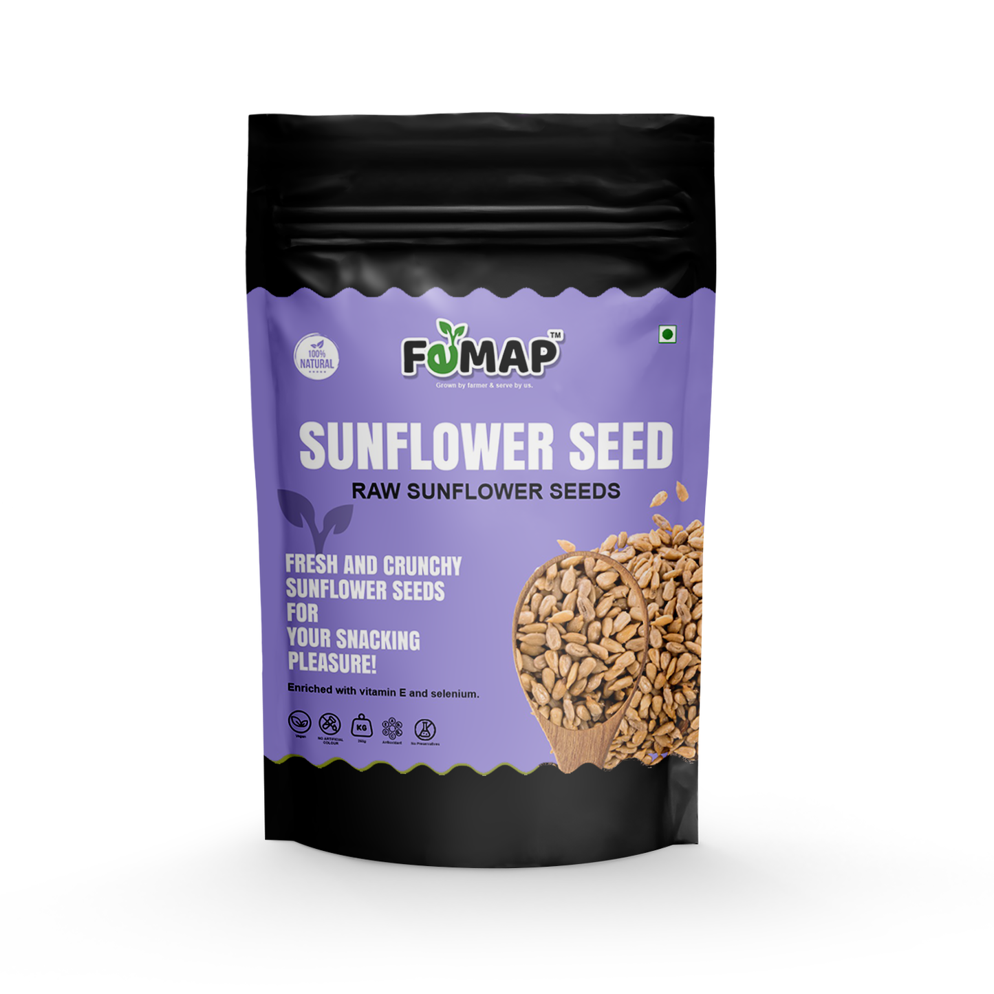 Femap Raw Sunflower Seeds front packaging – crunchy and nutritious, enriched with Vitamin E and selenium