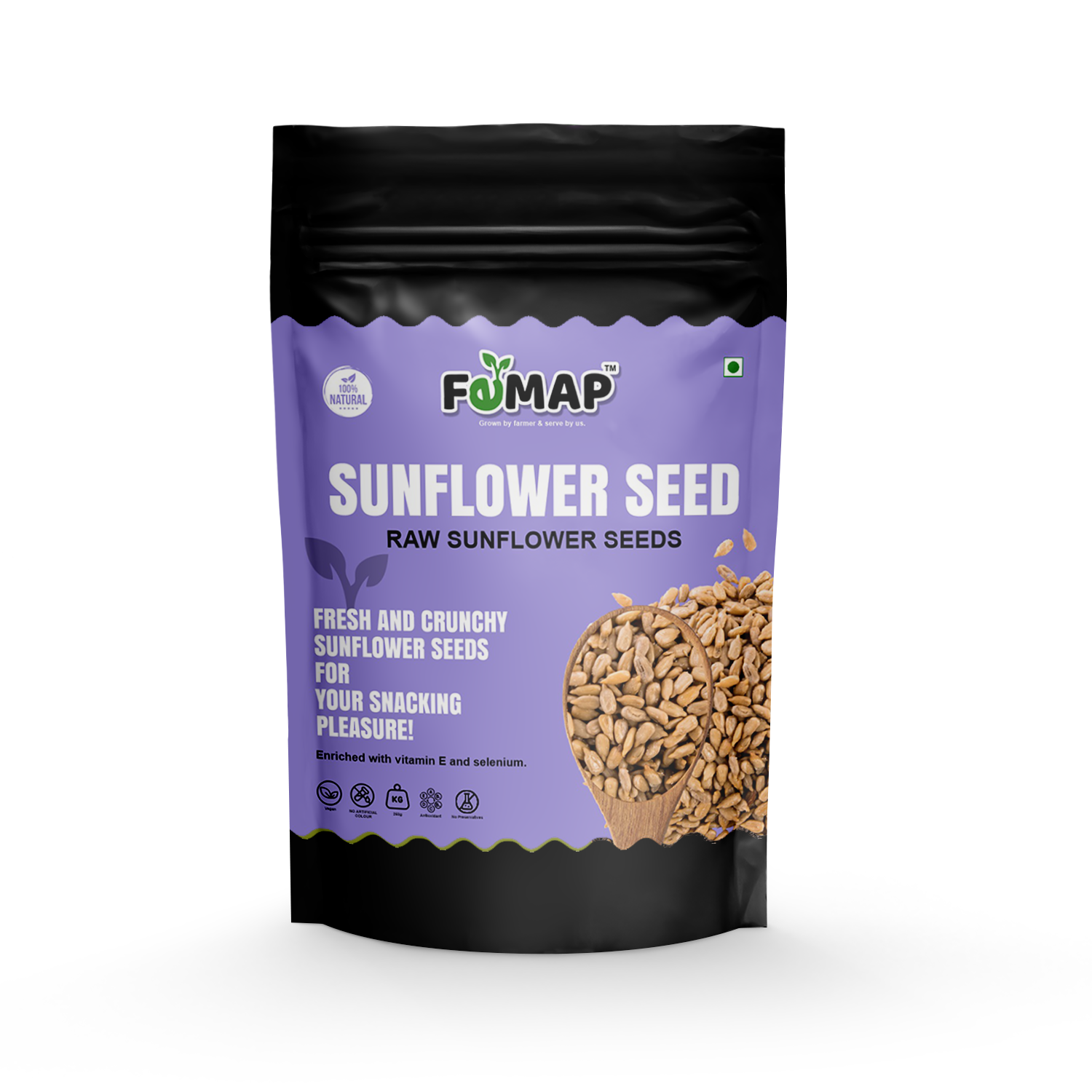 Femap Raw Sunflower Seeds front packaging – crunchy and nutritious, enriched with Vitamin E and selenium