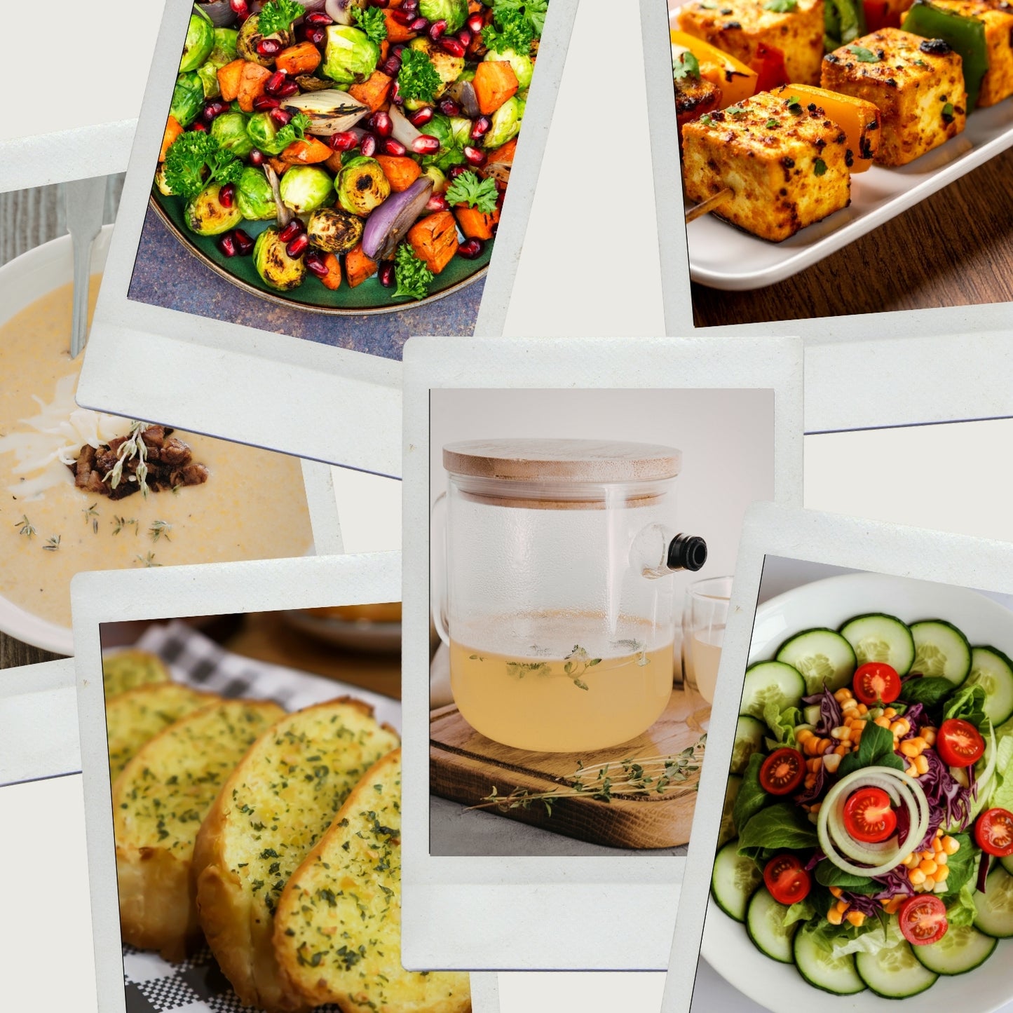 Collage of various food images including a salad, bread, and a drink.