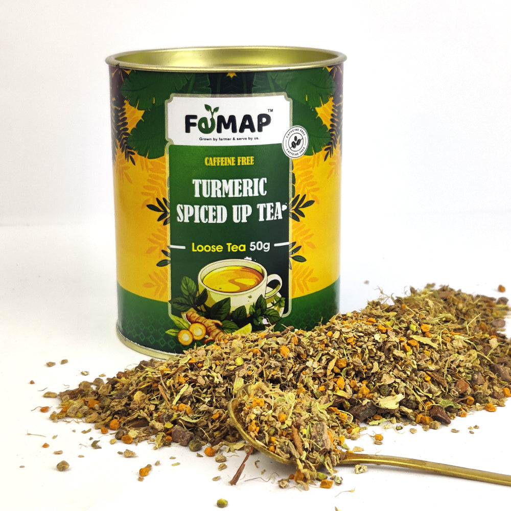 FEMAP Turmeric Spiced-Up Loose Tea 50g – caffeine-free herbal tea with turmeric, spices, and herbs, shown in a tin with loose blend and spoon.