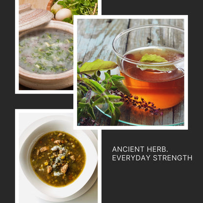Collage of herbal soup, tea, and herbs with text 'Ancient Herb. Everyday Strength' on a dark background.