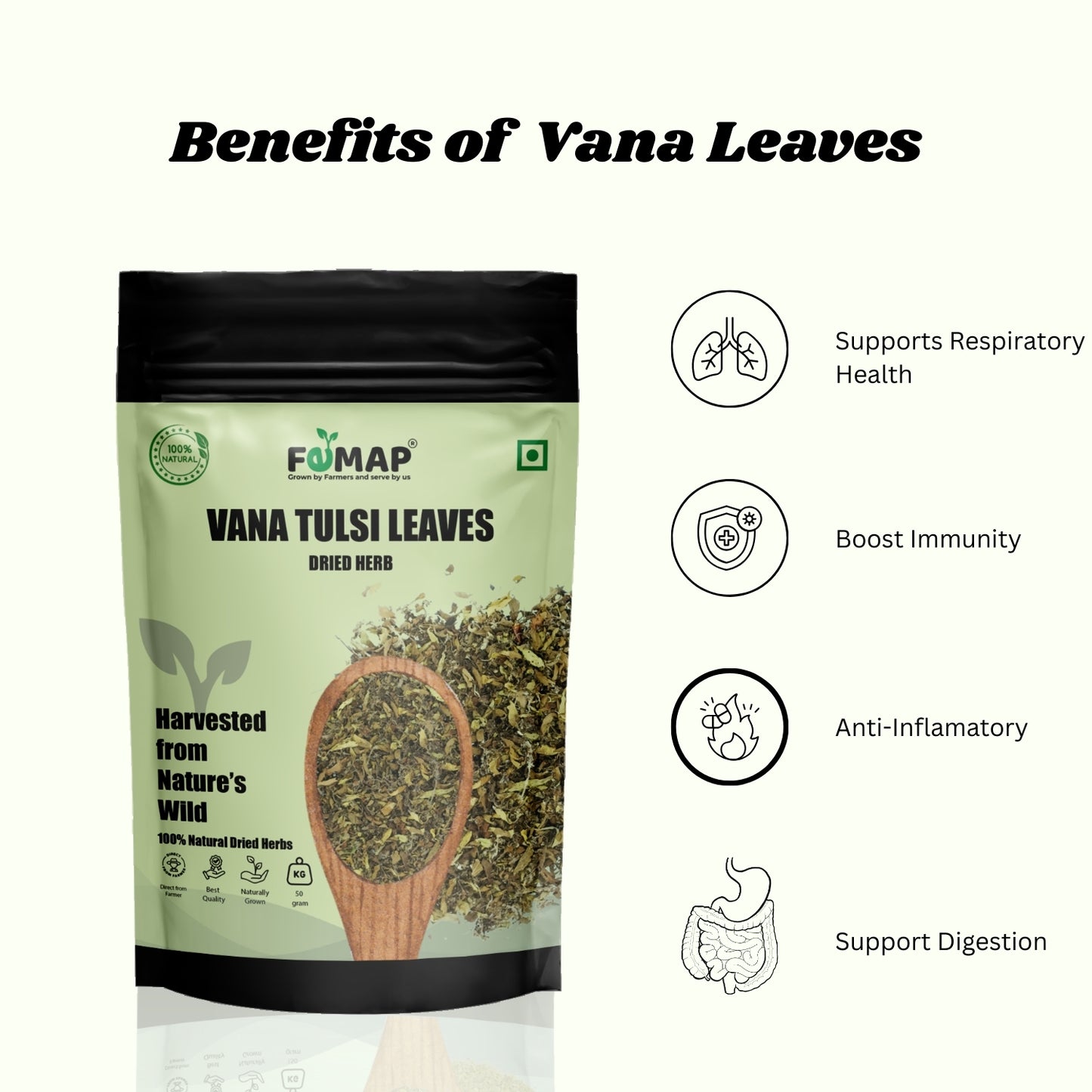 Package of FEMAP Vana Tulsi Leaves with benefits listed on a white background