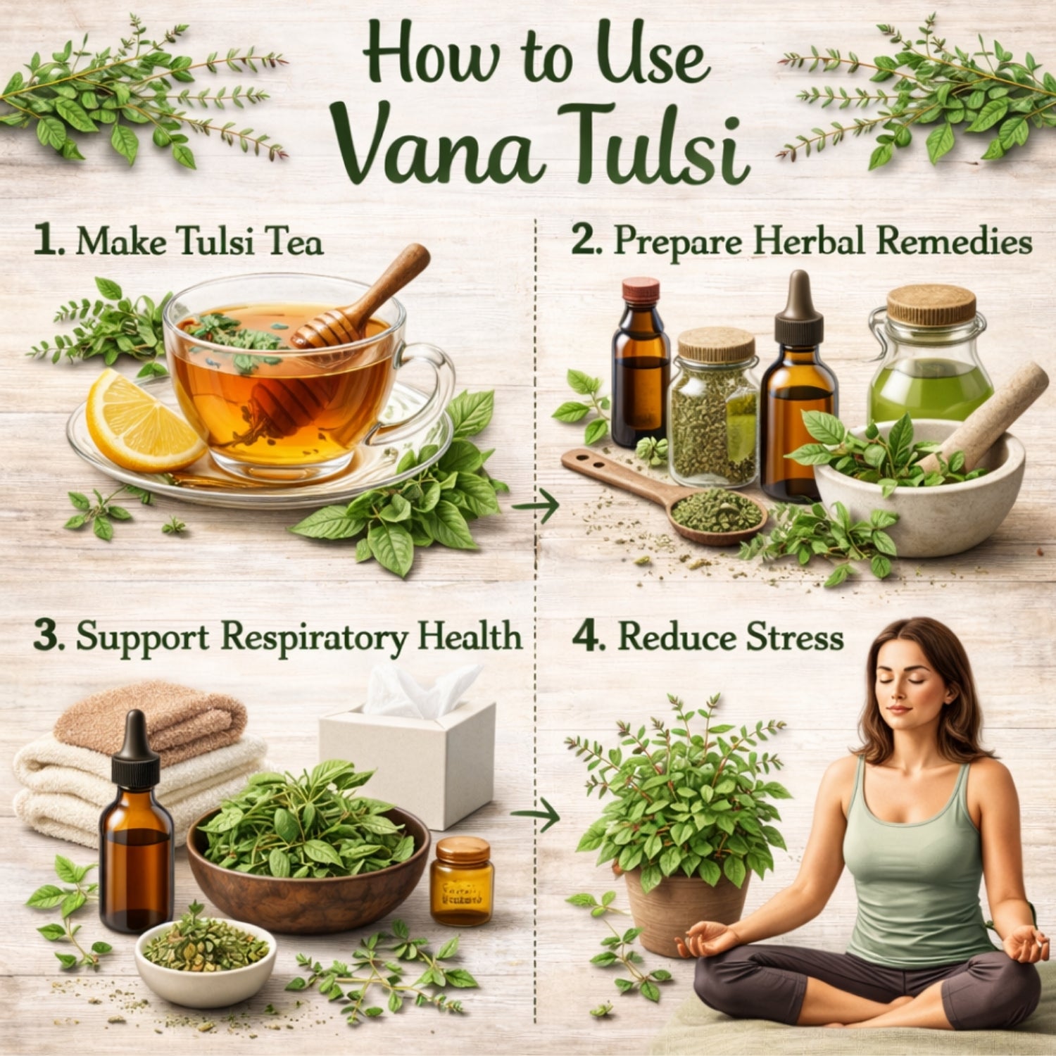 Infographic on using Vana Tulsi with images of tea, remedies, and a person meditating.