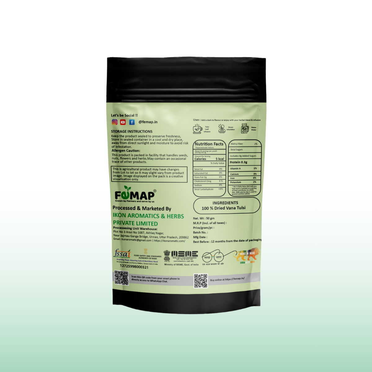 Dried Vana Tulsi Leaves (Ocimum gratissimum) – Pure Natural Herbal Leaves 50gm