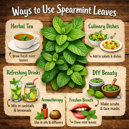 Infographic on ways to use spearmint leaves with illustrations and text.