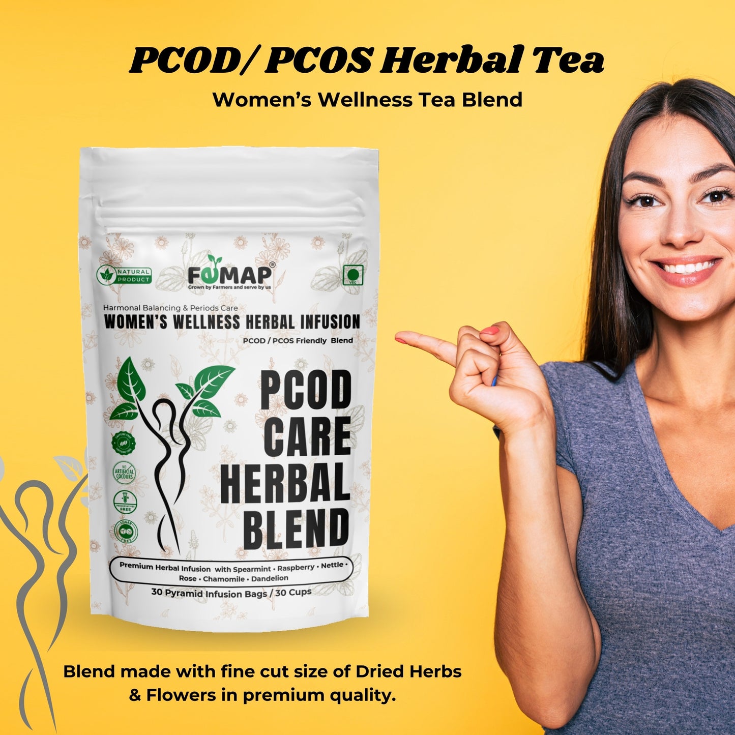 Woman pointing to a package of FEMAP PCOD/PCOS Herbal Tea on a yellow background