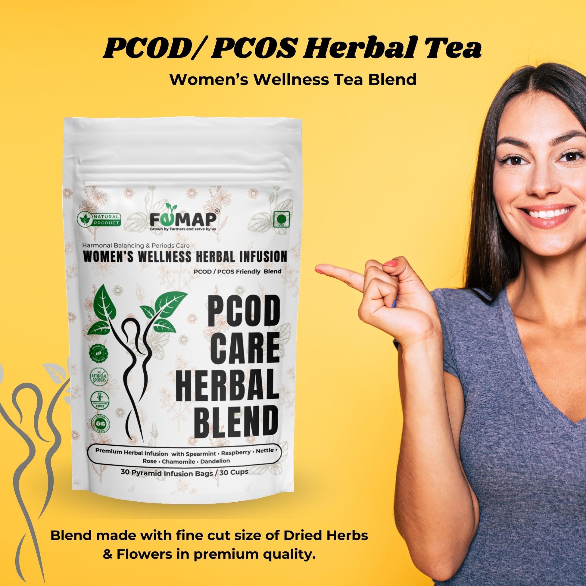 Woman pointing to a package of FEMAP PCOD/PCOS Herbal Tea on a yellow background