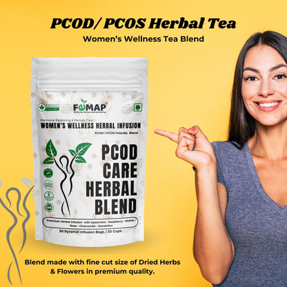Woman pointing to a package of FEMAP PCOD/PCOS Herbal Tea on a yellow background